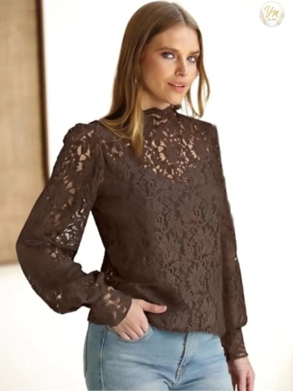 Lace Long Sleeve Blouse Set with Camisole, Mock Neck Sheer Top